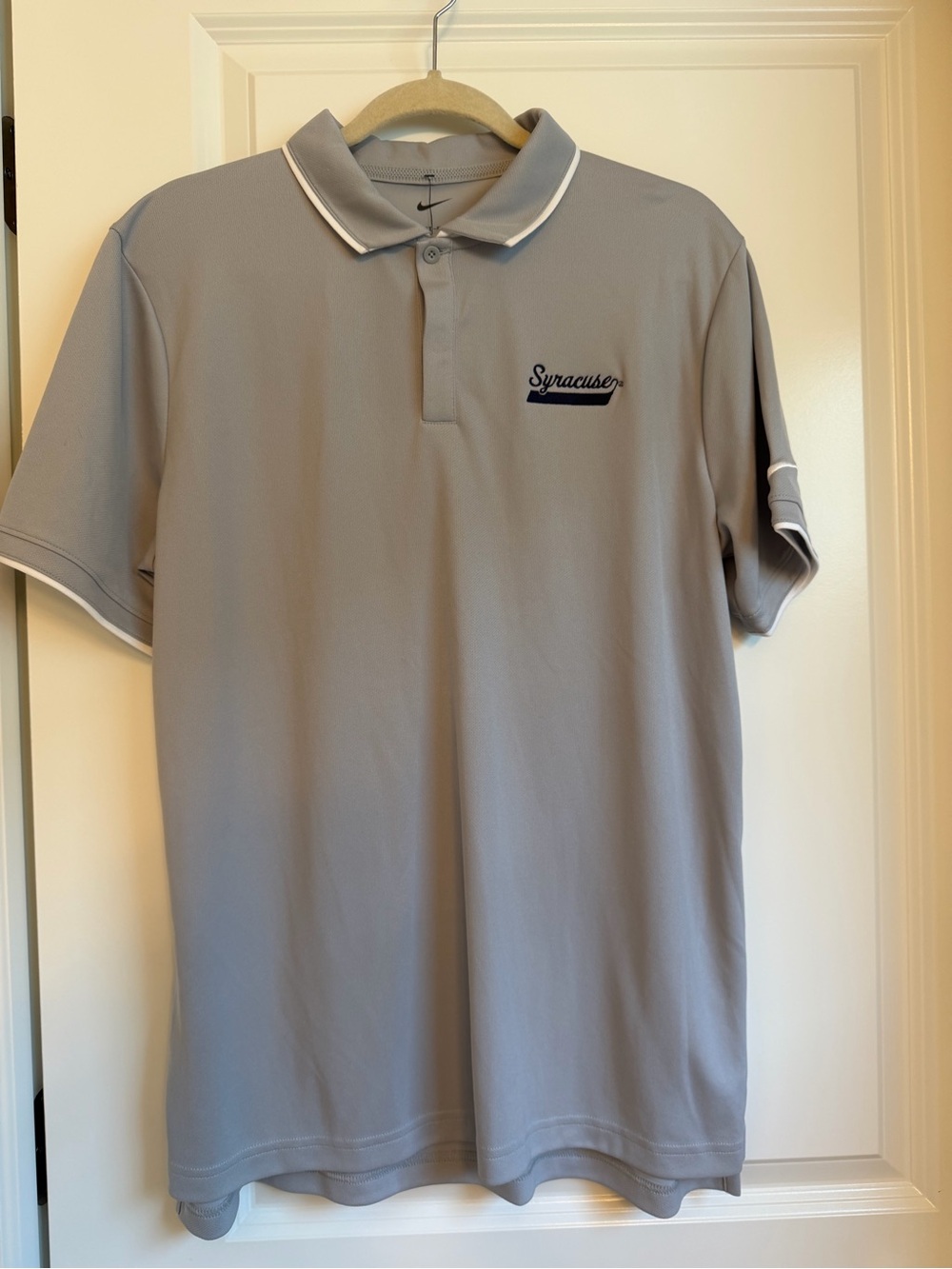 Nike Grey Polo with White Trim “Syracuse” embroidered logo. NEW with tags.